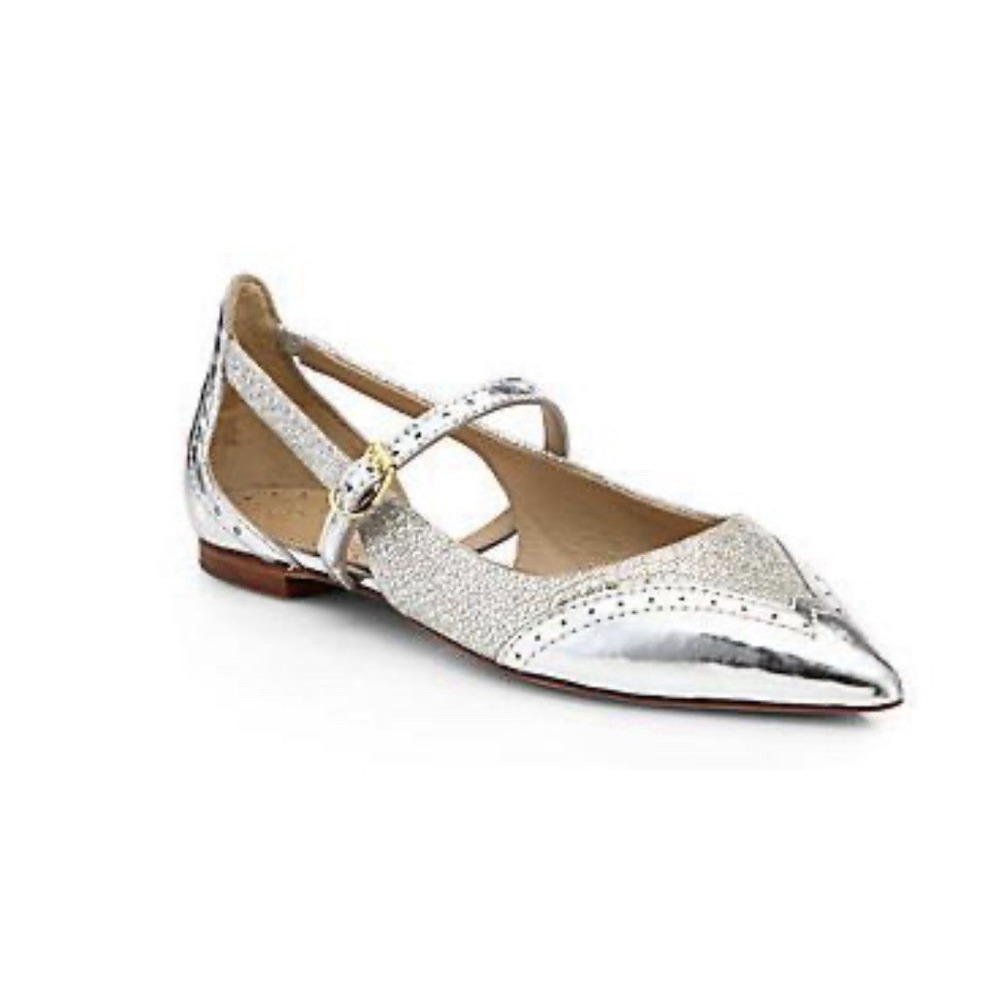 Tory Burch‎ Bernadette Silver metallic leather pointed-toe flats. 358$